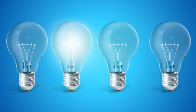Group of lamp bulbs on blue background with single glowing bulb. Concept innovation ideas, 3d rendering