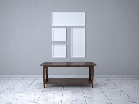 Empty frames in a room with a wooden table. 3d illustration