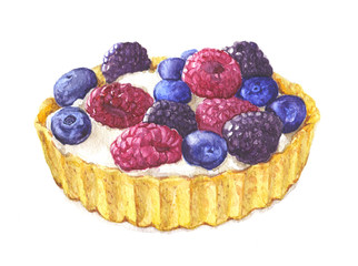 Watercolor tartlet with berries and cream