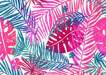 Seamless exotic pattern with pink blue palm leaves on a white background. Vector illustration.