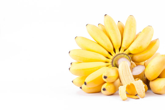 half peeled egg banana and  two hand of Golden bananas  on white background healthy Pisang Mas Banana fruit food isolated

