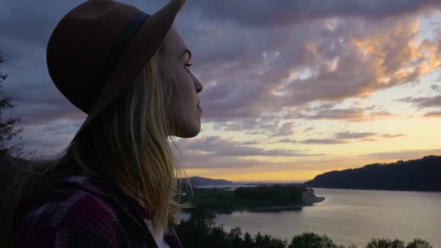 Profile Of Young Woman Enjoying Spectacular Views Of The Columbia River