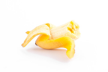 Fototapeta na wymiar peeled egg banana with missing a bite on white background healthy Pisang Mas banana fruit food isolated 