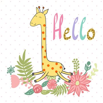 Cute giraffe with flowers. Vector greeting card.