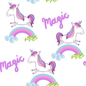 Magic cute unicorn with stars. Vector seamless pattern