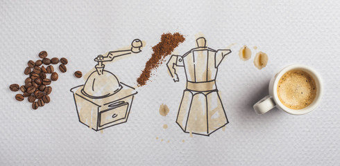 Fototapeta na wymiar Illustration and photo with coffee beans, coffee grinder, ground coffee, coffee maker and coffee cup