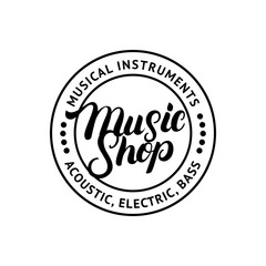 Fototapeta na wymiar Music Shop hand written lettering logo, label, badge, emblem.
