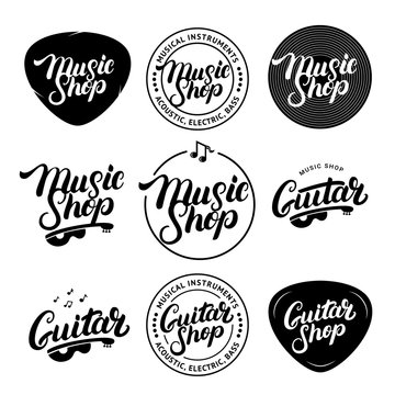 Set of Music Shop and Guitar Shop hand written lettering logos, labels, badges, emblems.