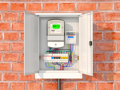 Electric meter with circuit breakers in a metal box. 3D illustration