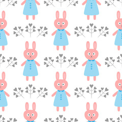 Cute rabbit in a dress. Flowers in the form of hearts. Cartoon seamless pattern.