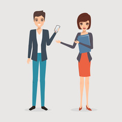 Business man and woman presenting a mobile phone. people character.