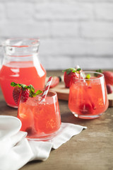 Strawberry iced drink in a wooden table