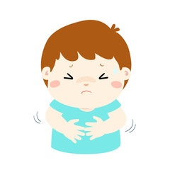 Little boy having stomach ache cartoon vector.