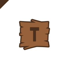 Wooden alphabet or font blocks with letter t in wood texture area with outline.