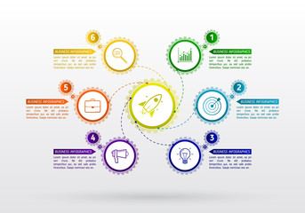 Abstract gears infographic with 6 steps. Mechanism with integrated gears and icons for business presentations or information banner. Modern design of background esp 10