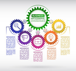 Abstract connected gears style business infographics. Communication concept with icons and text boxes. Vector illustration eps 10