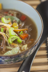 Asian soup with noodles in a decorated bowl. Ramen
