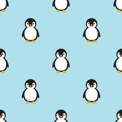 Seamless pattern Baby Penguin standing on sky blue background. Cute Penguin cartoon flat design vector illustration.