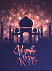 Greeting card with Creative Text Ramadan Kareem made by golden glitter. Vector illustration