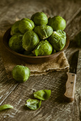 Brussels sprouts on wooden table