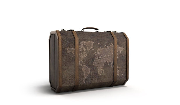 Vintage travel suitcase 3d render on white background