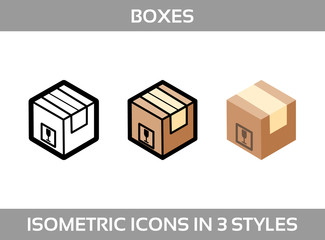 Simple Set of Isometric packaging boxes Vector Icons in three styles: flat, line art and 3D. Cardboard boxes 