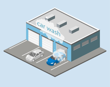 Isometric flat 3D isolated vector cutaway building car wash service.