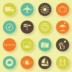 Travel icons in bright colors. Vector buttons