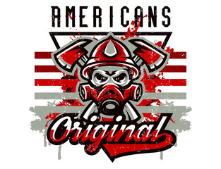 Vector illustration on the theme of rescuers, fire department, a skull in a fireman's helmet, axes. Grunge effect, text, inscription. Typography, T-shirt graphics, print, banner, poster, flyer