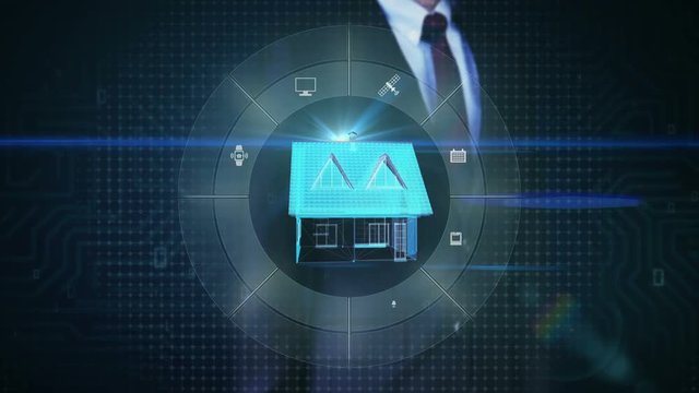 Businessman touching IoT smart home appliance, Internet of Things, artificial intelligence.