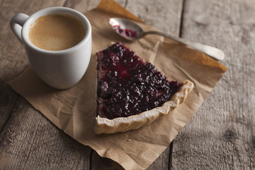 Blackberries pie and coffee cup