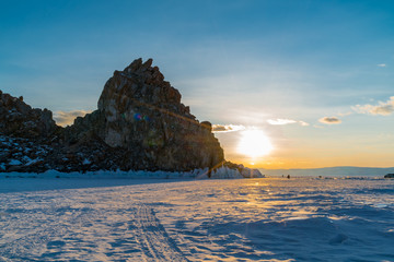 View of sunset at Sacred Shamankha on Olkhon Island in Lake Baikal