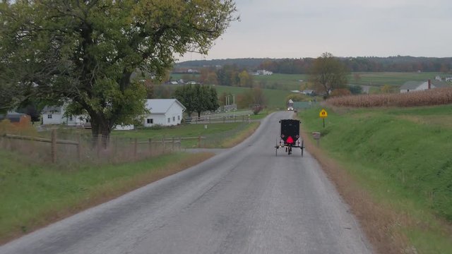 CLOSE UP: Traditional Amish families traveling in horse-drawn buggy past milk farm in picturesque agricultural village. Simple Amish people driving through the town in carriage on cloudy autumn day