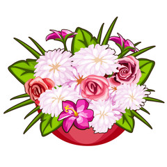 Beautiful pot of pink and white flowers. Vector