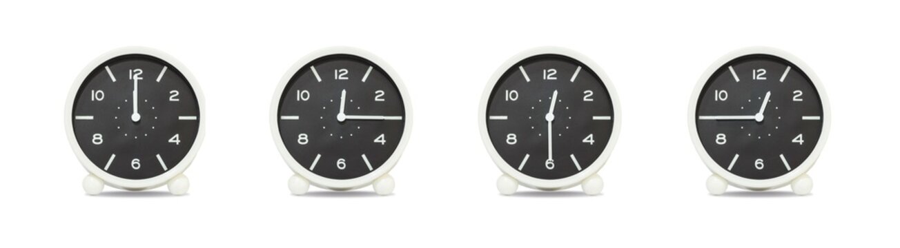 Closeup group of black and white clock with shadow for decorate show the time in 12 , 12:15 , 12:30 , 12:45 a.m. isolated on white background , beautiful 4 clock picture in different time