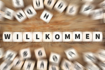 Willkommen Kunde Kunden Flüchtling Flüchtlinge Ausländer Asylant Würfel Business Konzept