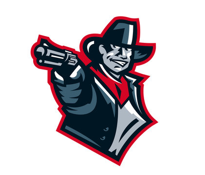 Logo cowboy shooting from a revolver. Wild west, bandits, sheriff, crime. Mascot, sticker, emblem. Sports identity, vector illustration.