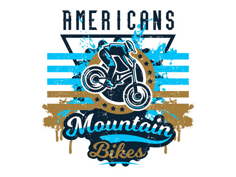 Vector illustration on the theme of mountain bike, cyclist performing a trick on a bicycle, downhill, freeride. Grunge effect, text, inscription. Typography, T-shirt graphics, print, banner, poster