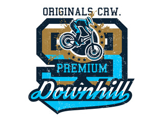 Vector illustration on the theme of mountain bike, cyclist performing a trick on a bicycle, downhill, freeride. Grunge effect, text, inscription. Typography, T-shirt graphics, print, banner, poster