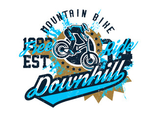 Vector illustration on the theme of mountain bike, cyclist performing a trick on a bicycle, downhill, freeride. Grunge effect, text, inscription. Typography, T-shirt graphics, print, banner, poster