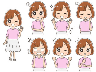 私服の女子高校生のイラスト（セット・全身）