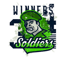 Vector illustration on a military theme, soldier in a beret, national defender. Grunge effect, text, inscription. Typography, T-shirt graphics, print, banner, poster, flyer
