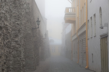 Fortress Wall and the Old Town in the Morning Mist, Tallinn, Estonia