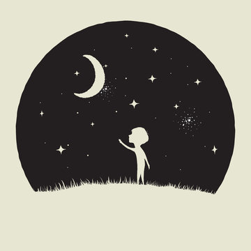 Little kid boy looks to crescent Moon