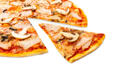 Delicious pizza with ham and mushrooms isolated