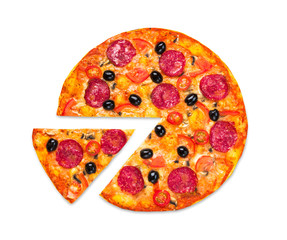 Delicious italian pizza with salami, top view on white