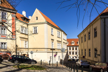 Quiet and cozy street with houses in a classic style . The middle of the nineteenth century . The Old Town District . Prague , Czech Republic.