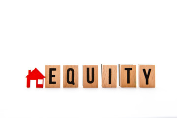 Home Equity - block letters with red home / house icon with white background
