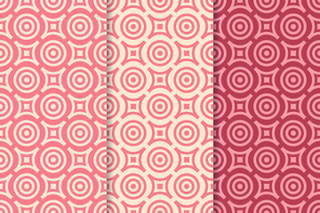Red geometric seamless patterns with circle elements. Textile or wallpaper background