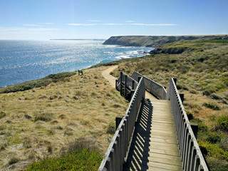 Ocean view on Phillip Island with wooden pathway, Victoria, Australia